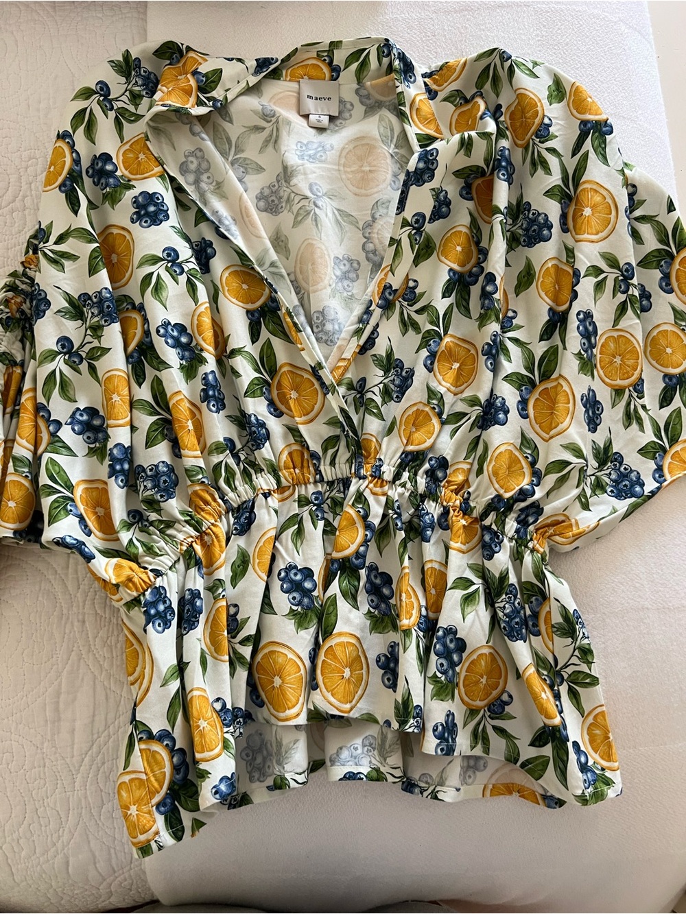 Maeve White Citrus & Blueberry Print Puff-Sleeve Peplum Top